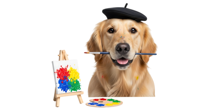 Golden retriever dog as an artist with a paintbrush and painting isolated on transparent background