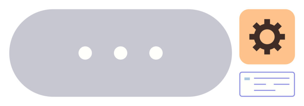 Three-dot progress bar beside a gear symbol in an orange square with a settings panel below. Ideal for technology, productivity, configuration, functionality, tools, system updates, minimal design