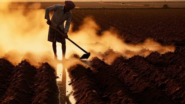 Silhouette Of Farmer Plowing Soil in Field at Sunset with Golden Sunlight Dust Tilling For Agriculture and Farming Cultivation at Dusk