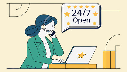 Customer Service Representative with 247 Open Sign.