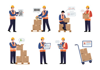 A set of illustrations showing warehouse workers in safety gear managing inventory, packing boxes, and using technology for logistics.