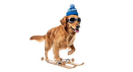 Golden retriever dog wearing ski gear isolated on transparent background