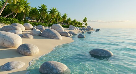 楽園の朝焼けと玉石の浜辺