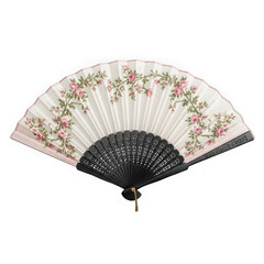 Elegant vintage folding hand fan with floral pattern, isolated on transparent background