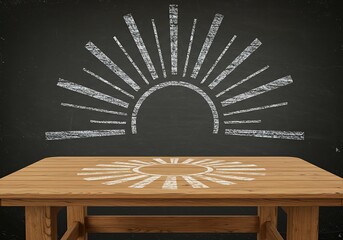黒板の朝焼けと木製のテーブル