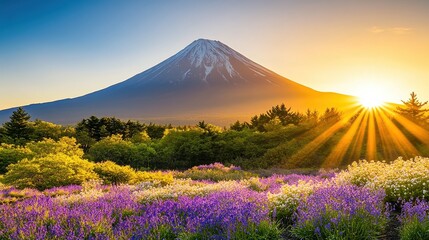 Fototapeta premium A breathtaking landscape showcasing a majestic mountain at sunrise, surrounded by vibrant wildflowers, Ideal for nature-themed projects, travel brochures, and inspirational content,