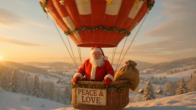 Santa Claus in hot air balloon, drifting over snowy mountains. Peace and Love written, message of goodwill during Christmas. Santa floats in hot air balloon delivers presents to during festive season.