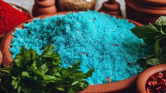 Colorful nasi kerabu in a terracotta bowl, blue rice contrasting with fresh herbs and aromatic spices.