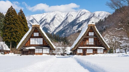 Charming traditional houses blanketed in snow, set against a backdrop of majestic mountains and blue skies, Perfect for travel articles, winter tourism promotions