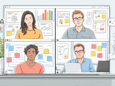 Virtual Meeting illustration with four professionals on screen