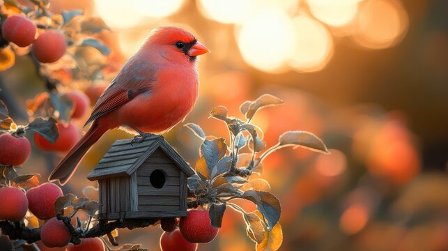 Cardinal perched on birdhouse in orchard at sunset - Powered by Adobe