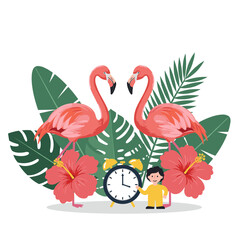 Obraz premium Pair of flamingos with tropical leaves and clock