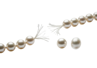 Extreme close-up of a delicate, broken pearl necklace with frayed string and creamy white pearls, a single rolling pearl with motion blur on a transparent background, concept of fragility and