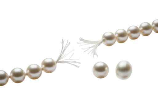 Extreme close-up of a delicate, broken pearl necklace with frayed string and creamy white pearls, a single rolling pearl with motion blur on a transparent background, concept of fragility and