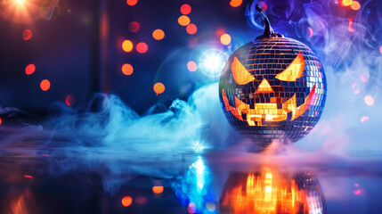 A vibrant disco ball pumpkin with glowing Jack-o'-lantern features against a colorful, smoky backdrop.