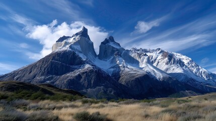 Dramatic view of Torres del Paine granite peaks in Chilean Patagonia with rugged mountain landscape