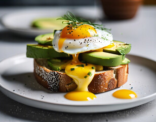 Breakfast sandwich. Toasted bread with fried egg and avocado.