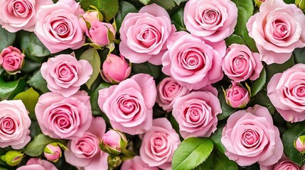A stunning close-up of blooming pink roses nestled among lush green leaves, perfect for conveying beauty and tenderness in greeting cards, wedding invitations, or floral arrangements,