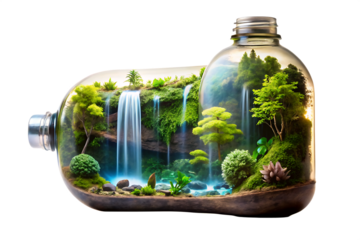 Miniature Glowing Ecosystem with Forest and Waterfall Inside a Recycled Plastic Bottle on Earth
isolated on white background ,PNG.AI Generated.