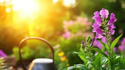 A vibrant garden scene showcasing blooming pink flowers with a watering can in soft sunlight, perfect for use in gardening articles, floral designs, or nature-themed projects,