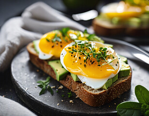 Breakfast sandwich. Toasted bread with fried egg and avocado.
