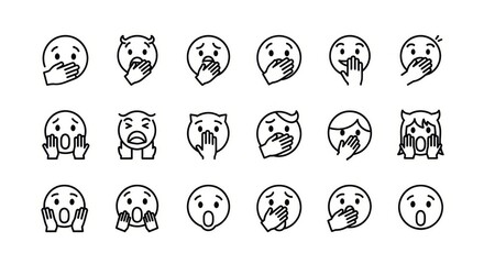 Naklejka premium Collection of surprised and shocked emoji faces with hands covering mouths, conveying disbelief.