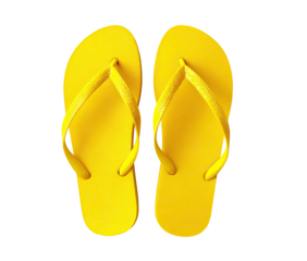 Bright yellow flip-flops, top view.  Pair of vibrant yellow sandals.  Simple design,  flat sole,  classic style