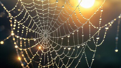 Naklejka premium dewdrops on a spider web at sunrise, shimmering light, ultra high detail, natural bokeh background