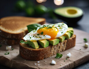 Breakfast sandwich. Toasted bread with fried egg and avocado.