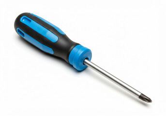 Fototapeta premium A close-up shot of a Phillips head screwdriver with a black and blue handle, lying on a white surface.