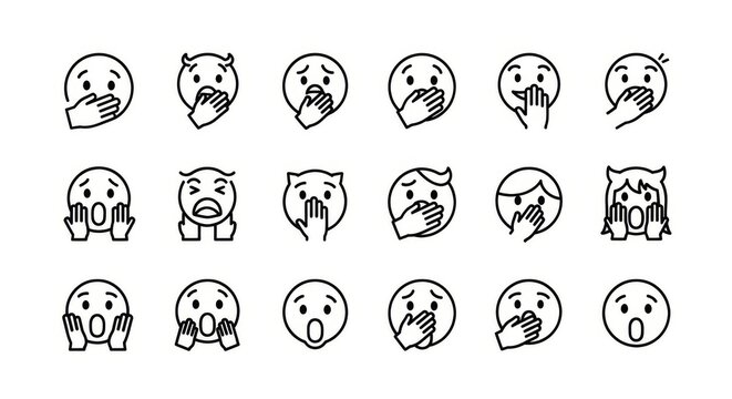 Collection of surprised and shocked emoji faces with hands covering mouths, conveying disbelief.