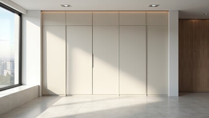 Beige modern closet in a minimalist room with city views.