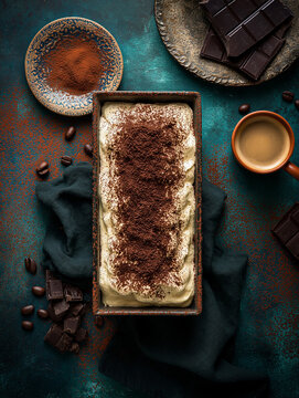 
top-down food photography, perfectly centered rectangular dessert, dark glossy visible brownie base, the rectangular cake tin has to be perfectly symmetrical and straight in the imagine, with a 0 deg