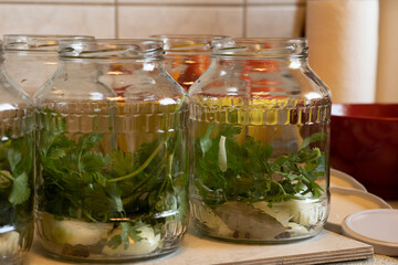 glass jars with green parsley, white onion and spices prepared to be filled with vegetables for canning for the winter, There are lids for twisting jars nearby