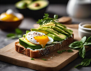 Breakfast sandwich. Toasted bread with fried egg and avocado.