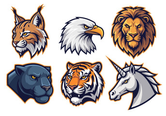 A collection of six animal head illustrations, including a lynx, eagle, lion, panther, tiger, and unicorn, all depicted in a stylized, mascot-like design.