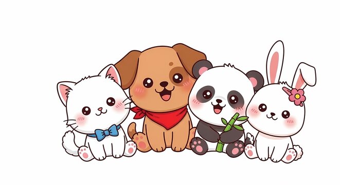 A cheerful group of cute cartoon animals, including a white cat, brown dog, panda, and rabbit, all smiling and looking friendly.