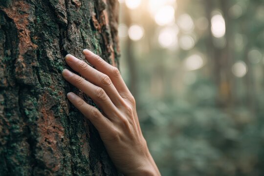 Human hand or young woman touching tree in the forest in concept of people love nature and tree to protect from deforestation and pollution or climate change - Powered by Adobe