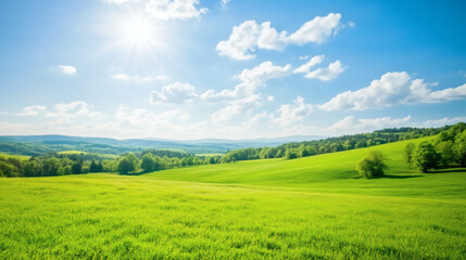 Fototapeta premium Wide landscape of rolling green hills with clear blue sky, symbolizing harmony, ecology, and untouched rural nature.