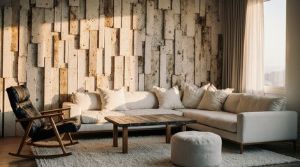 Cozy Living Room with Wood Accent Wall: The image captures a beautifully designed living room bathed in soft natural light, the eye is drawn to a stunning wood accent wall. A comfortable sofa.