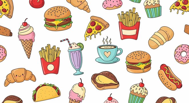 A vibrant and playful illustration showcasing a delightful assortment of popular fast food and sweet treats, including burgers, fries, pizza, ice cream, donu... - Powered by Adobe