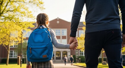 Fototapeta premium Father holding daughter’s hand while walking to school on a sunny morning, child wearing a blue backpack and school uniform with brick building in background