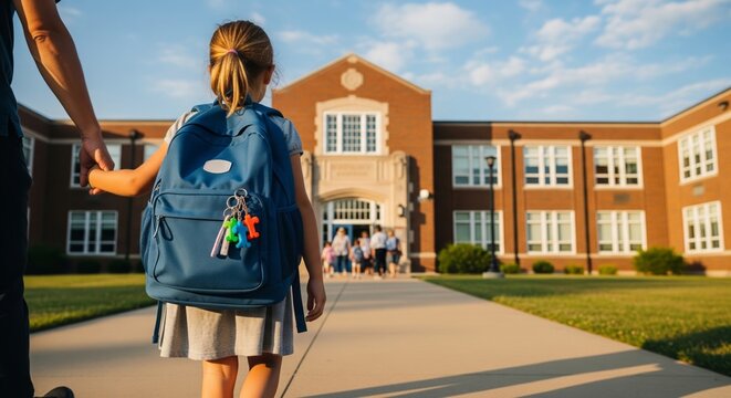 Child with backpack holding parent's hand while walking to school building on sunny morning for first day or back to school moment - Powered by Adobe