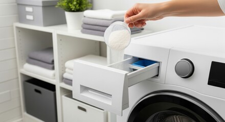 Hand pouring detergent powder into washing machine drawer in organized laundry room with folded towels and storage shelves