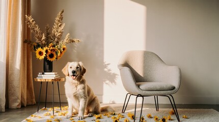 Golden Companion in Elegant Interior: A golden retriever exudes serenity, positioned gracefully near a chic armchair and floral arrangement within a sunlit, tastefully designed domestic space.