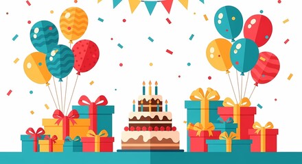A festive birthday celebration scene featuring a tiered cake with lit candles, surrounded by numerous wrapped gift boxes and a vibrant display of colorful ba...