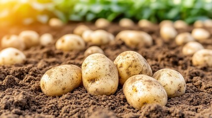 Fresh potatoes nestled in rich soil, showcasing a bountiful harvest, Ideal for agricultural themes, meal preparation, or organic farming visuals, Perfect for culinary and farm-related projects,