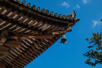 奈良、唐招提寺、佛寺、寺院、瓦當、文化財、木造建築、古代建築、日本文化、歷史名勝、文化財、木、綠色、青空、写真素材