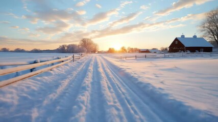 Golden hour illuminates a tranquil snowy landscape with a charming red barn visible against the - Powered by Adobe