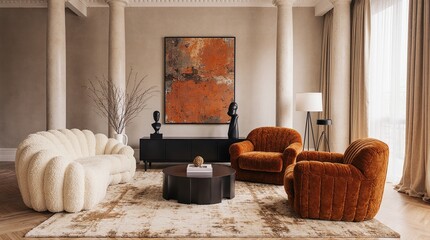 Modern Interior Design: An inviting living space, artfully designed with a fusion of contemporary elements, features elegant furnishings and a harmonious color palette.